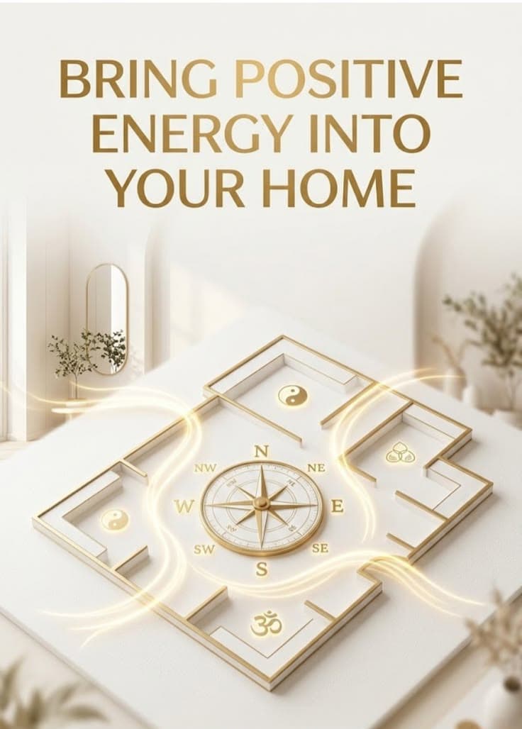 An illustrative floor plan with a Vastu compass overlay, showing directional orientation — a generated illustration, not a photograph of a specific property.