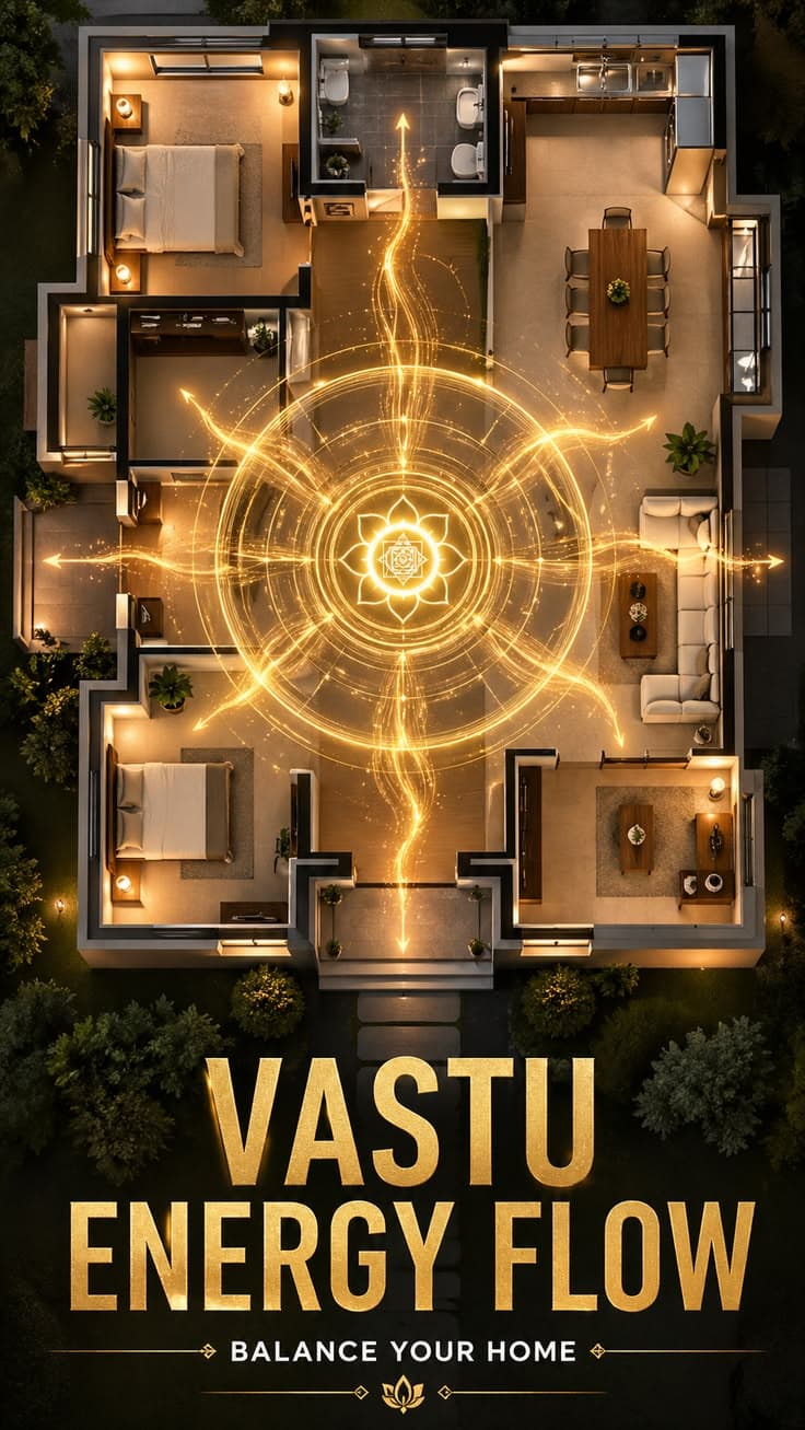 An illustrative rendering of energy flow across a floor plan, evoking corrective balance — a generated illustration, not a photograph of a specific property.