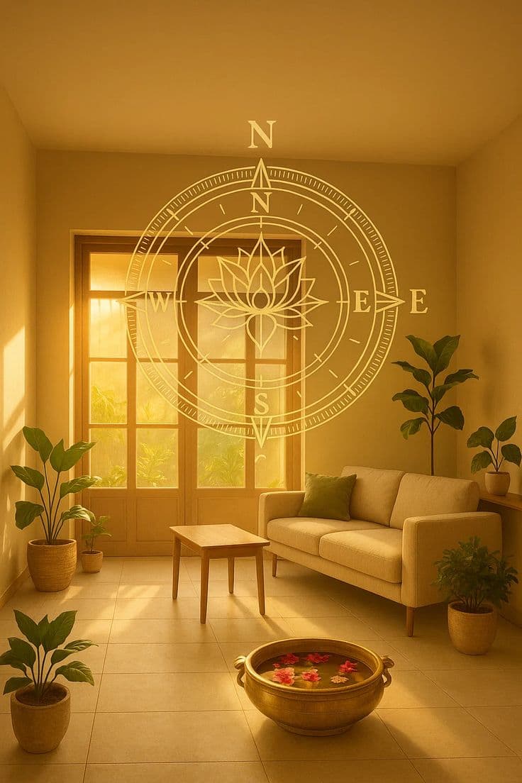 An illustrative living room rendering with a Vastu compass and lotus motif overlaid on the wall, shown for atmosphere only.